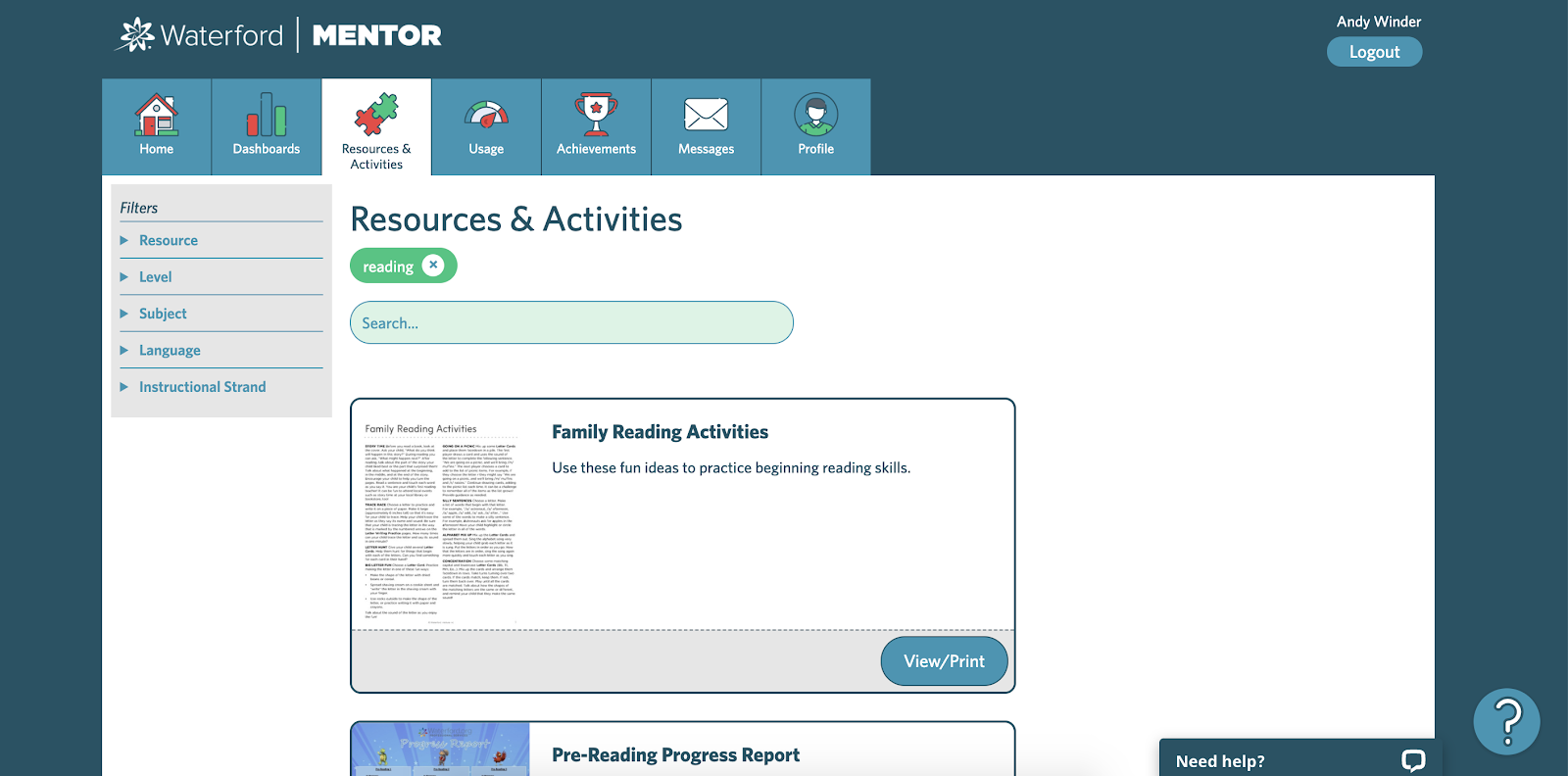 screenshot of the Resources and Activities tab