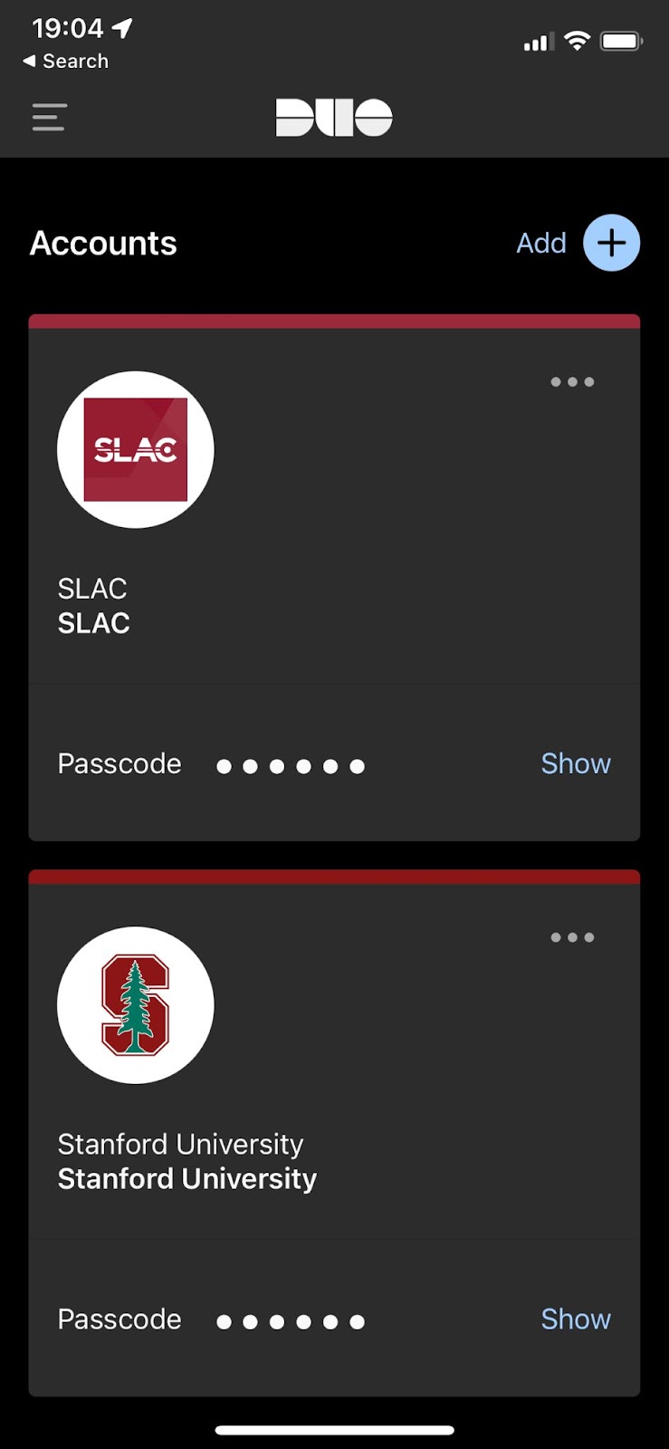 Screenshot of the Duo screen in you smartphone showing Account