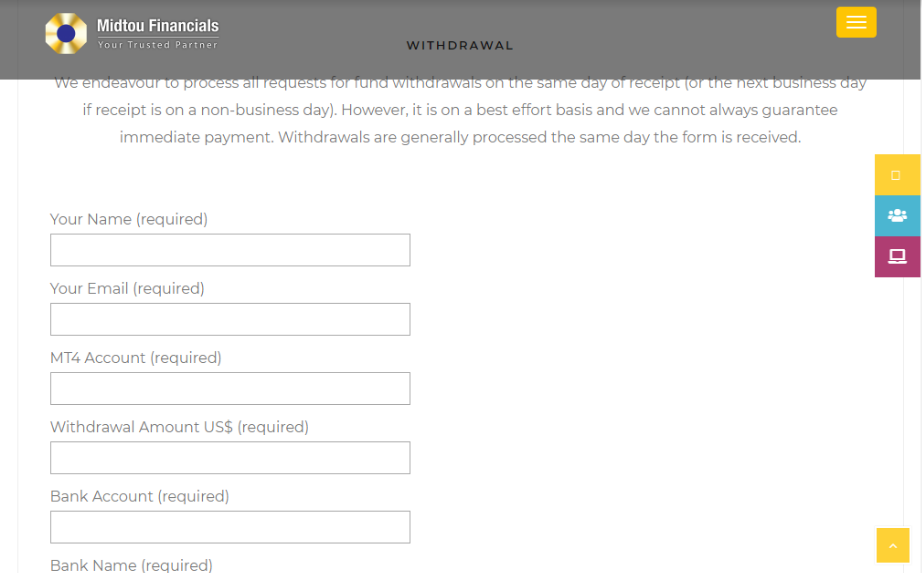 The Withdrawal Funds Section of Midtou Financials