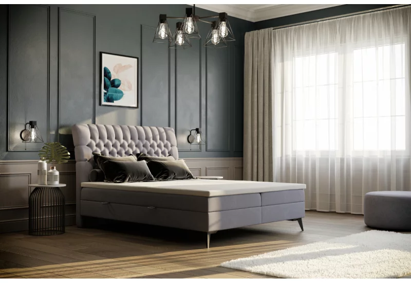 Сиво тапицирано легло в скандинавски стил, допълващо модерен и семпъл интериор