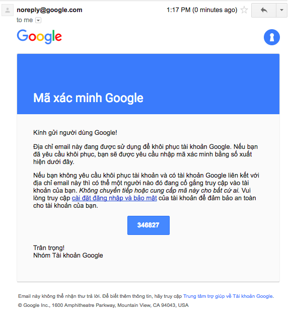 Nội dung email xác minh từ Google