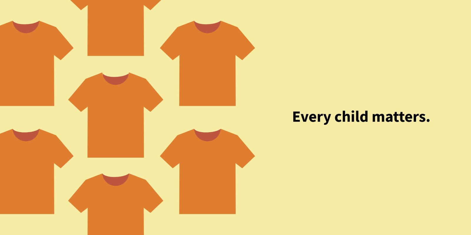 Illustration of orange shirts on a yellow background with black text saying "Every child matters" for National Day for Truth and Reconciliation 2022