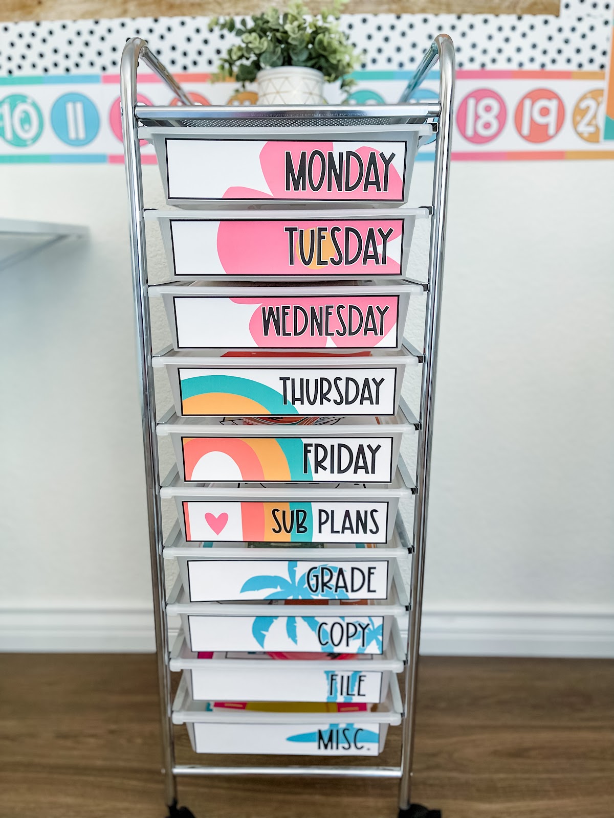 This image shows a 10 drawer cart decorated with labels creating a tropical theme all the way down. The labels read the days of the week and then "Sub plans", "grade", "copy", "file", and "Misc.". The tropical theme is a pink flower, a rainbow, and blue palm trees. 