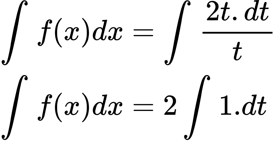 {"code":"\\begin{align*}\n{\\int_{}^{}f\\left(x\\right)dx}&={\\int_{}^{}\\frac{2t.dt}{t}}\\\\\n{\\int_{}^{}f\\left(x\\right)dx}&={2\\int_{}^{}1.dt}\t\n\\end{align*}","font":{"color":"#000000","family":"Arial","size":10},"type":"align*","id":"2-1-0-0-0-0-1-1-1-1-1-1-1-1-1-1-1-1-1-0","ts":1600865110013,"cs":"HbieLnnfWtx87pu6wqzM+A==","size":{"width":148,"height":76}}