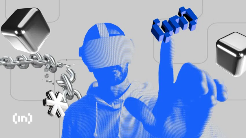 Ein Matt mit einem VR-Headset klickt im Metaverse herum. Um ihn Elemente, die mit Blockchain assoziiert werden (Blöcke, Ketten und speziell designte Linien) - Ein Bild von BeInCrypto.com.