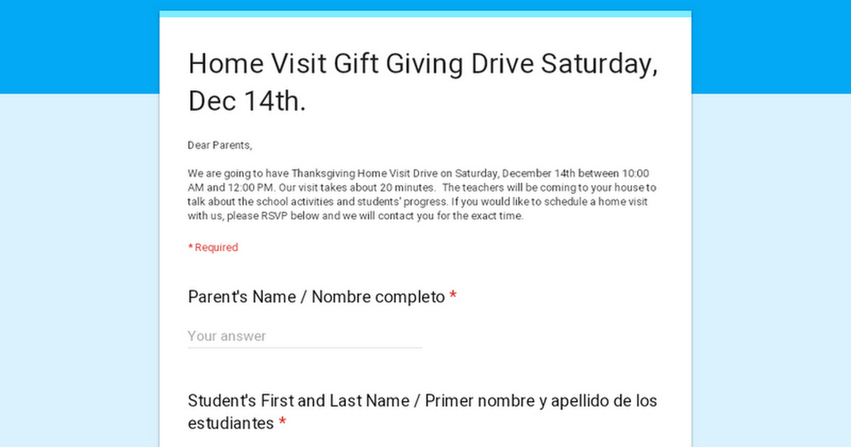 Home Visit Gift Giving Drive Saturday, Dec 14th. 