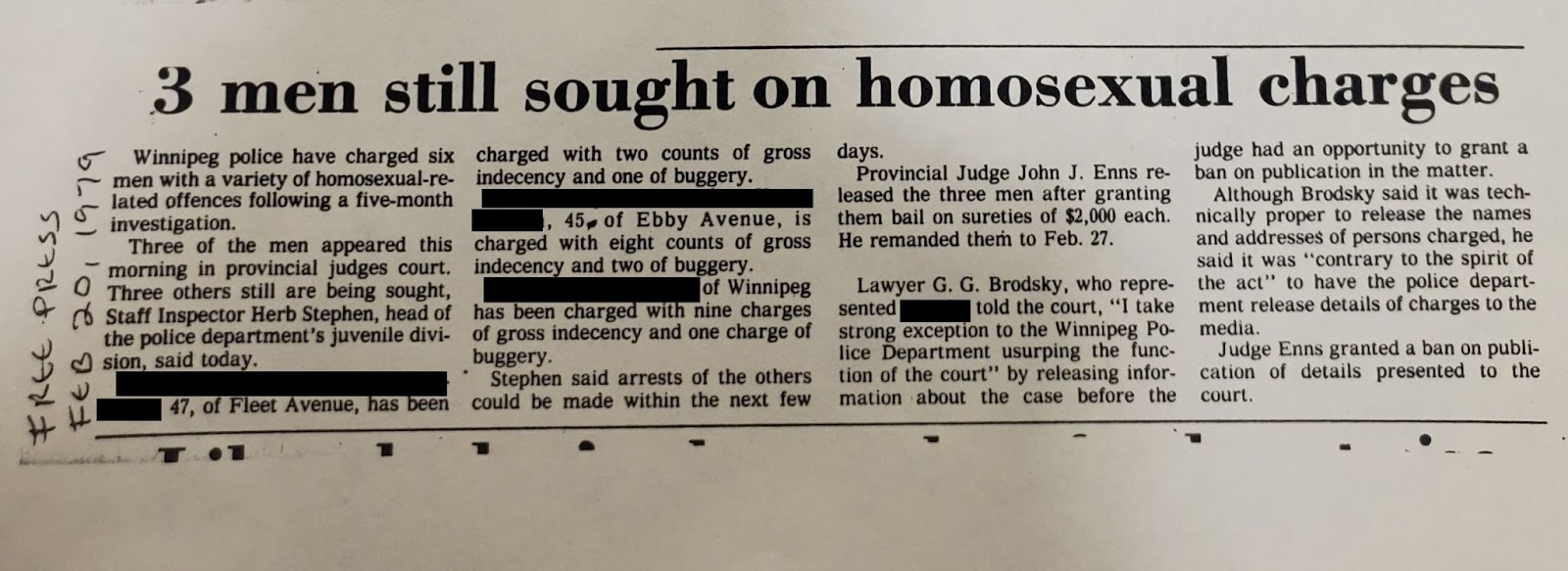 Winnipeg Free Press article, dated February 20, 1979, with a title that reads, “3 men still sought on homosexual charges.”
