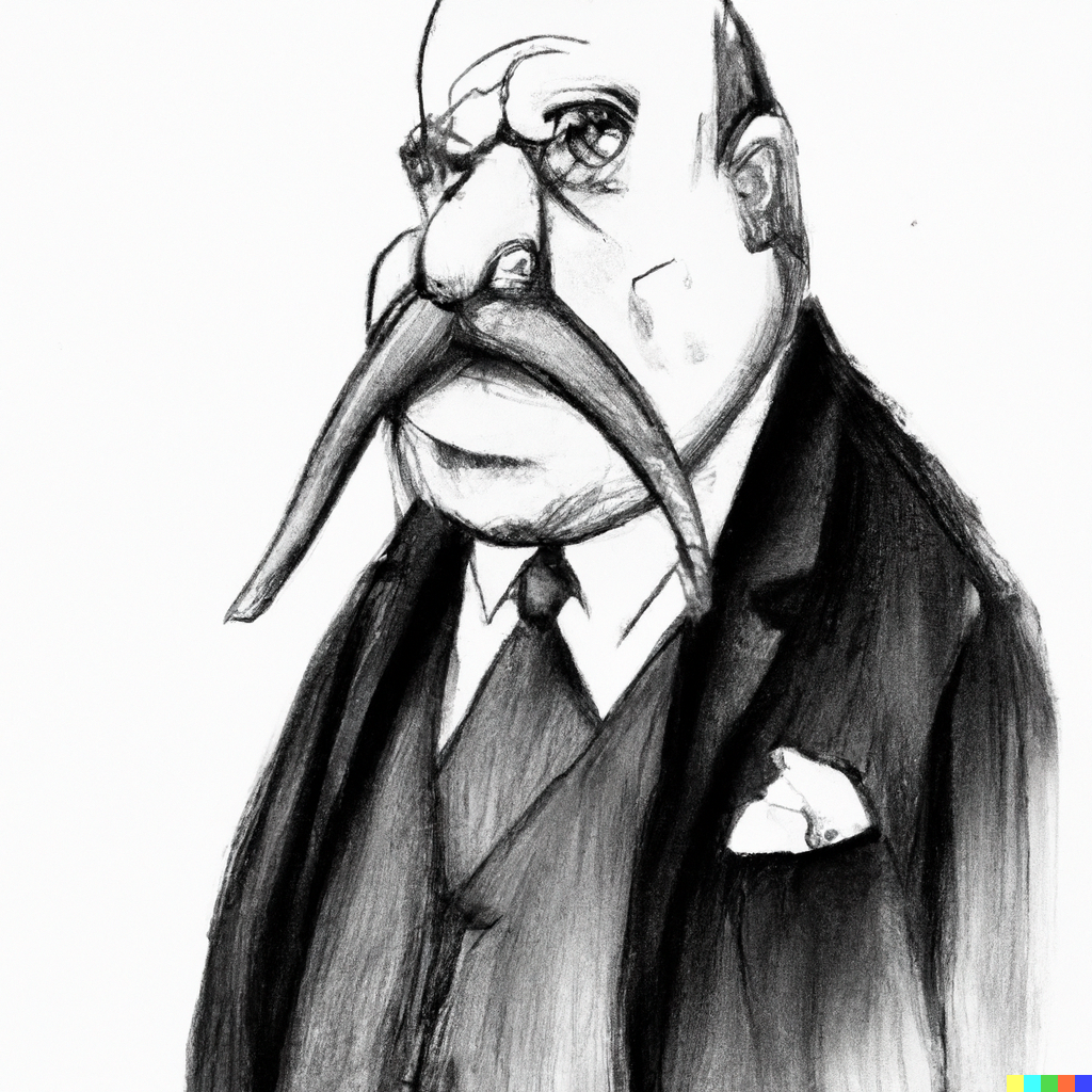 AI-generated charcoal-like image of a skeptical-looking white man with a walrus mustache wearing a three-piece suit