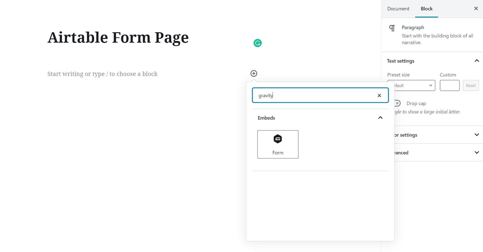 Screenshot of updating Airtable form page in WordPress