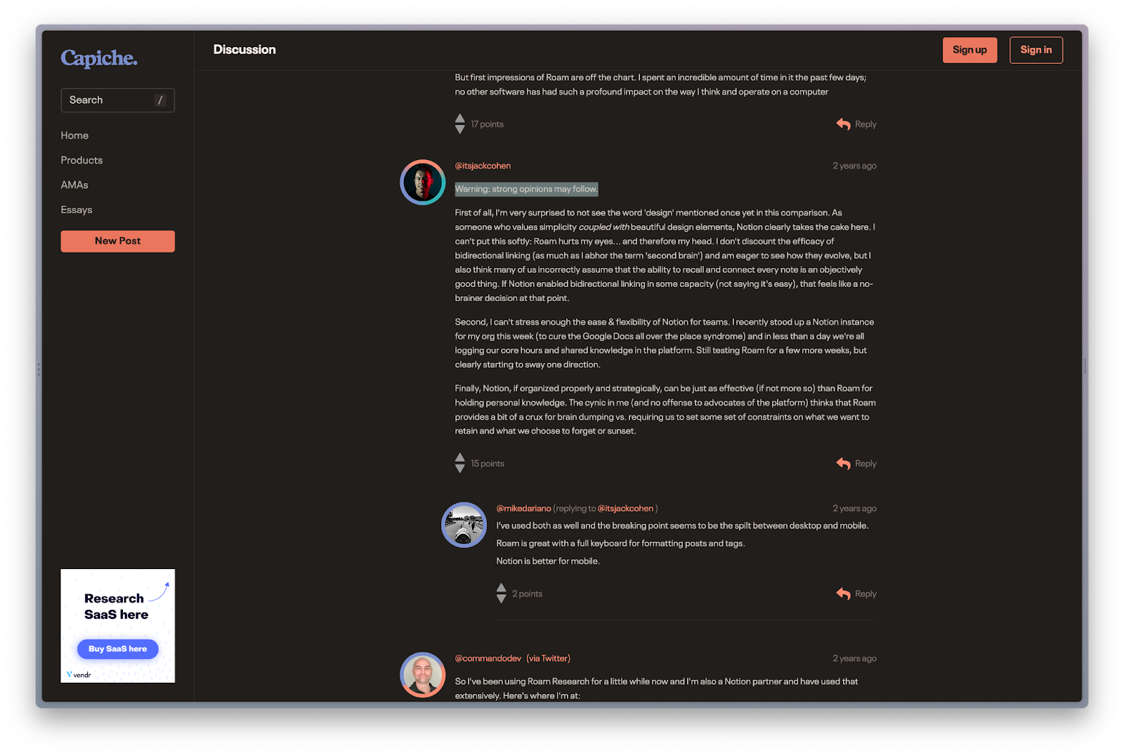 A screenshot of a discussion on the Capiche community about Figma versus Roam Research, where a community member says "strong opinions may follow"
