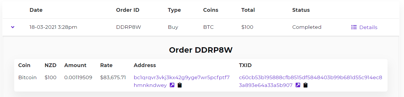 Screenshot of a purchase order for BTC on our own platform. 