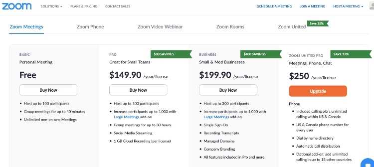 Zoom Pricing Page