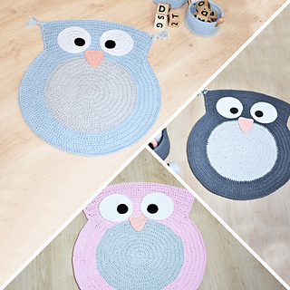 owl-shaped crochet rug on floor