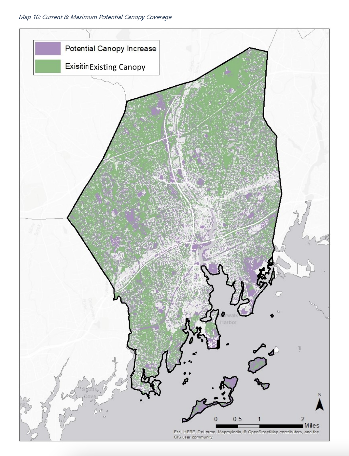 A map of possible tree coverage in Norwalk.