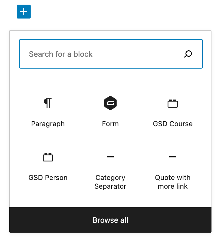 Screenshot of block library modal that appears when you click the plus icon in the editor. Icons representing six blocks are visible, along with a Browse All button.