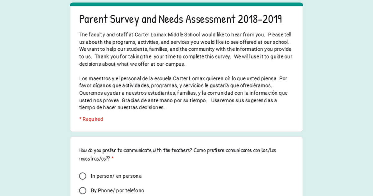 Parent Survey and Needs Assessment 2018-2019