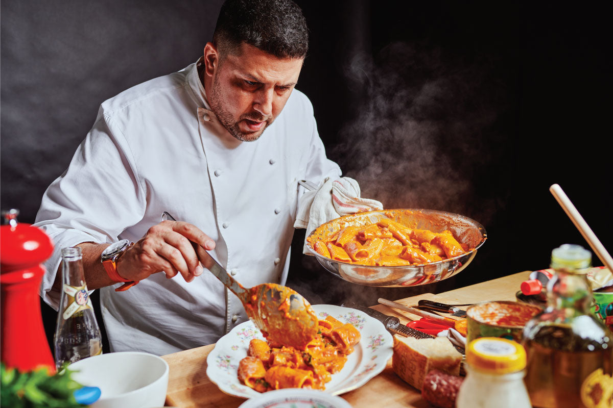 Chef Joe Isidori plating his famous spicy rigatoni alla vodka