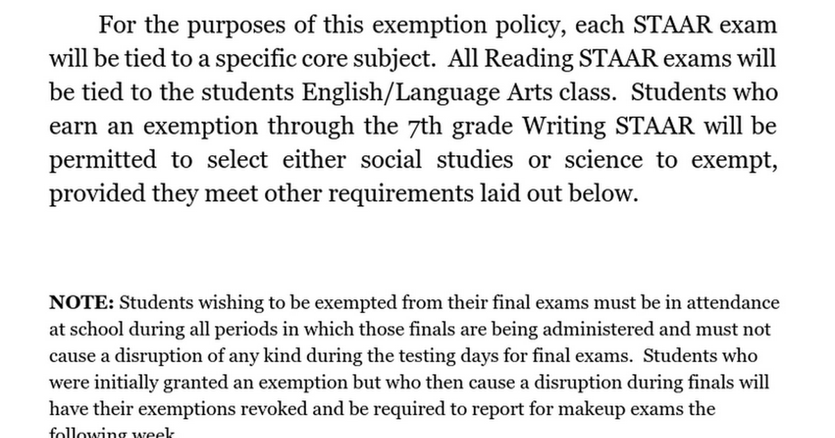 STEAM Spring Semester Exam Exemption Policy