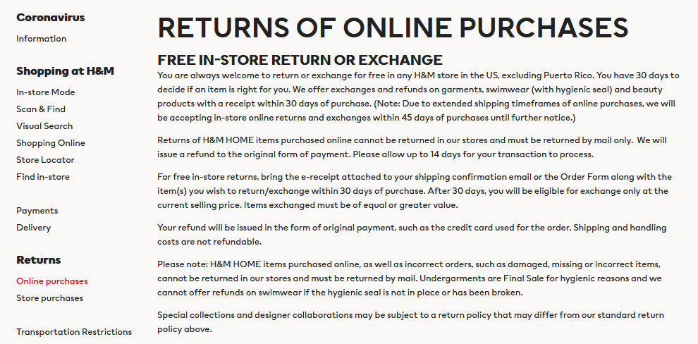 H&M’s returns and exchange policy is detailed – something a virtual assistant can do for your brand 