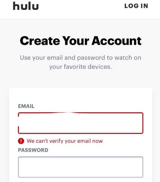 Hulu email verification error message