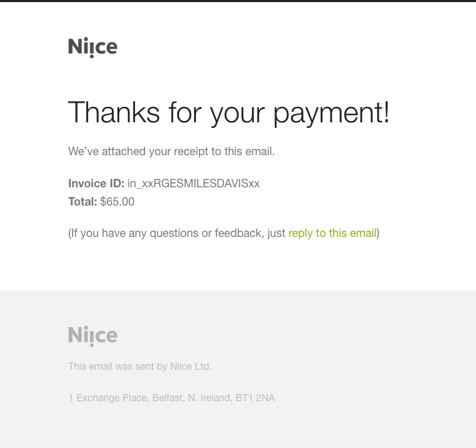 Niice order receipt email example