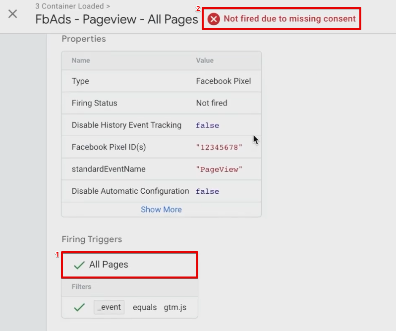 Analyzing unfired Facebook Ads Tag from GTM preview mode