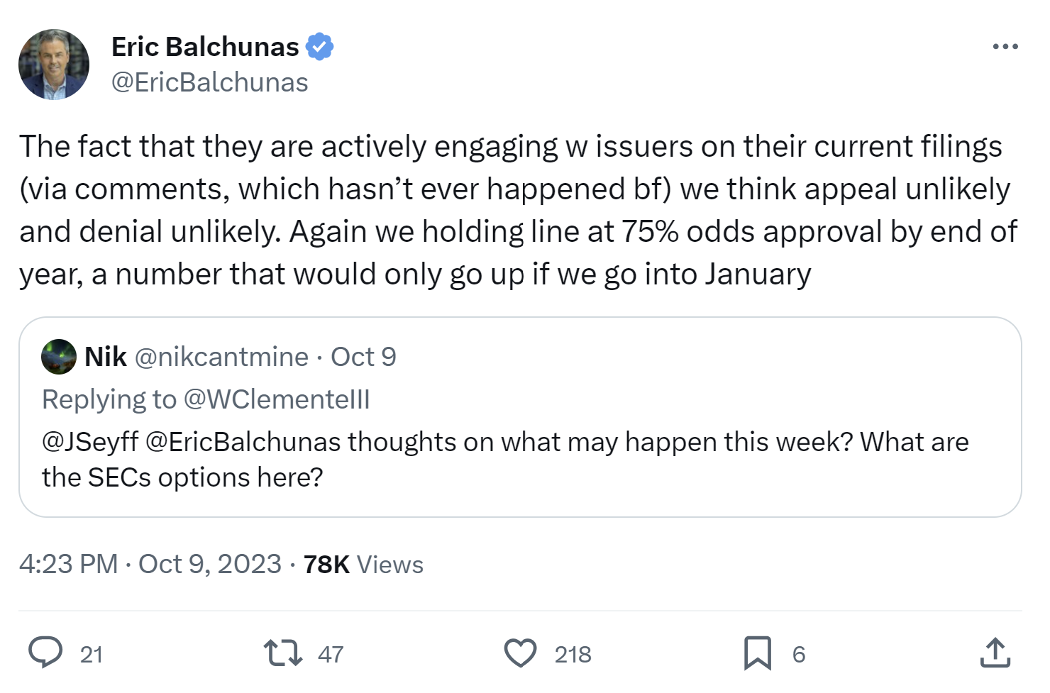 Tweet de Eric Balchunas, analista senior de ETF en Bloomberg, renovando su predicción de un ETF de bitcoin al contado para finales de 2023.