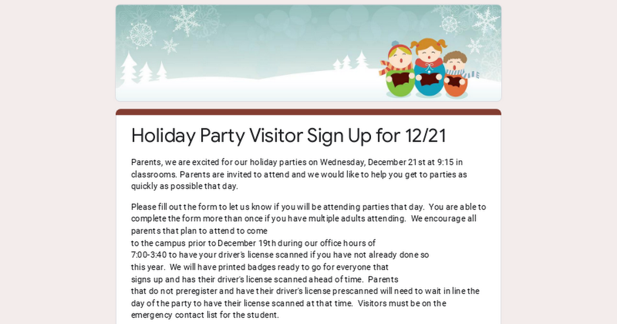 Holiday Party Visitor Sign Up for 12/21