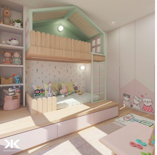 beliche de casinha para crianças, cores claras e organização de brinquedos