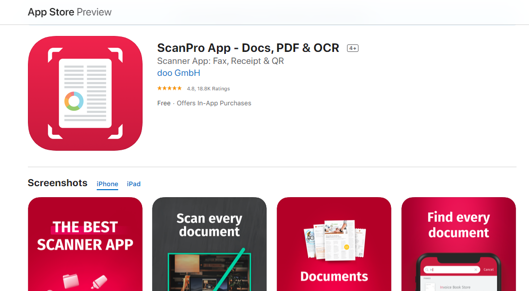screenshot of the app store listing for ScanPro