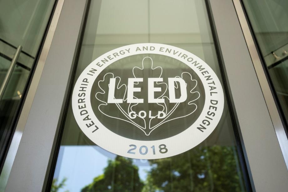 Building proudly displaying its Gold LEED Certification and Ratings