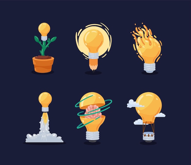Vecteur gratuit ampoules idées six icônes