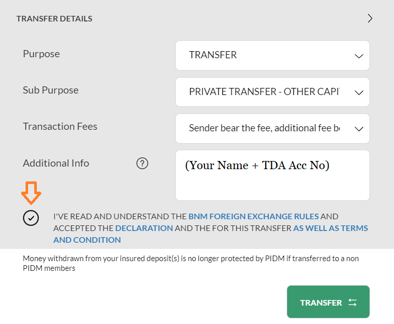 Key in your name and TDA account number in Additional Info