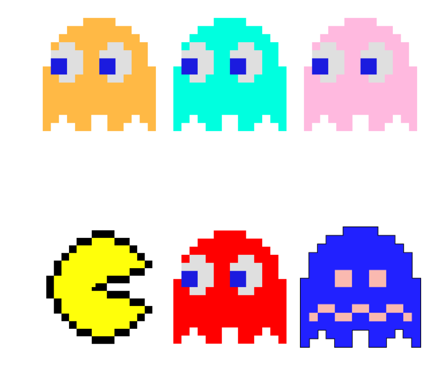 Image shows 6 pacman characters. The first line of three is the orange ghost, teal ghost, and pink ghost. Second line is pacman, red ghost, blue ghost.