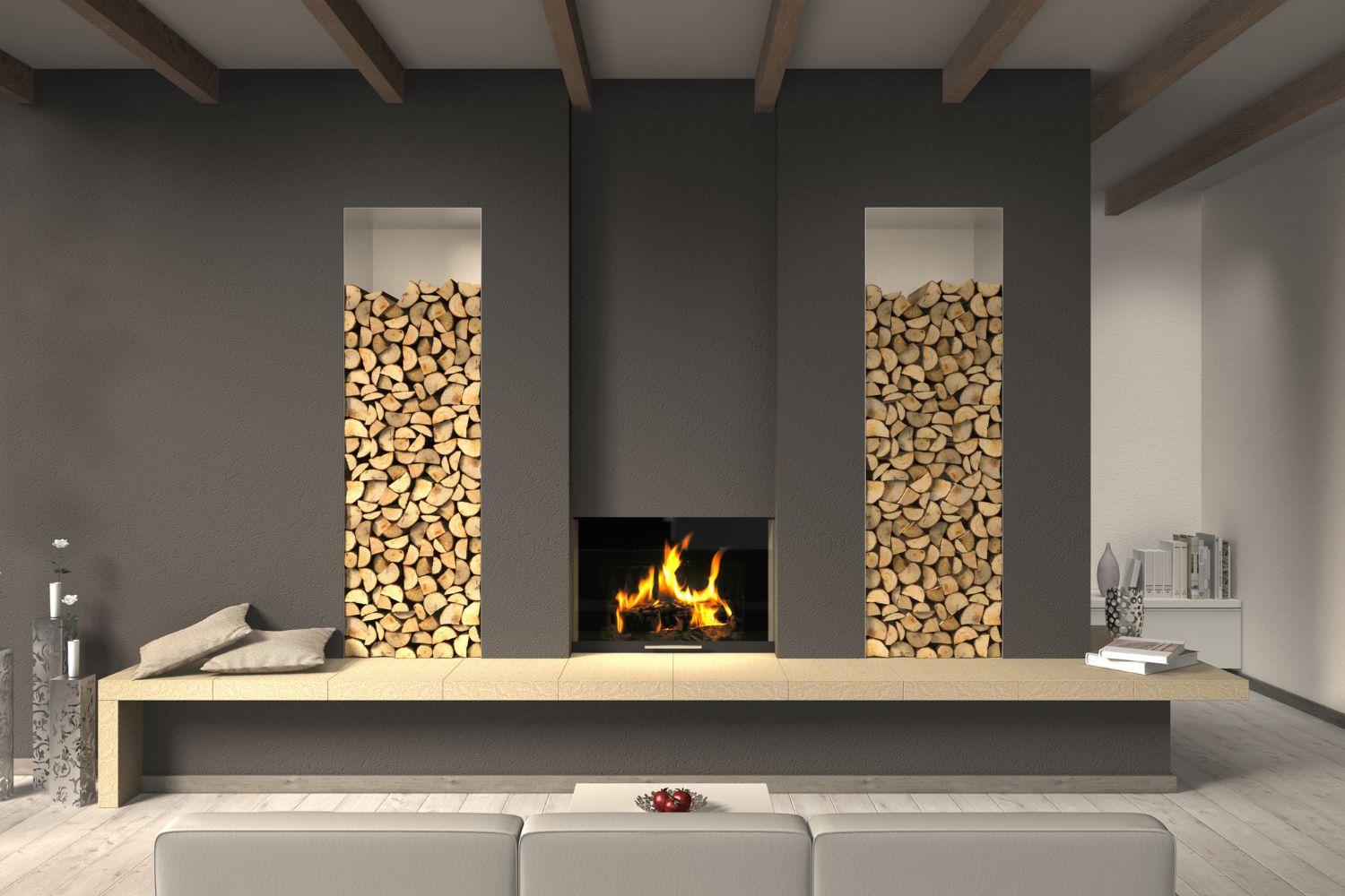 tall horizontal recessed niches on either side of fireplace with stacked logs