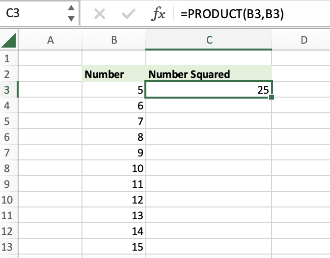Two-sided chart with numbers in the left column and squared numbers in the right columns using the PRODUCT function