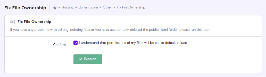 The Fix File Ownership menu lets user configure file permissions settings