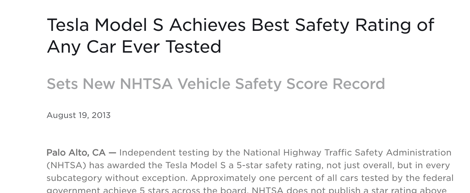 Tesla press release on Model S safety