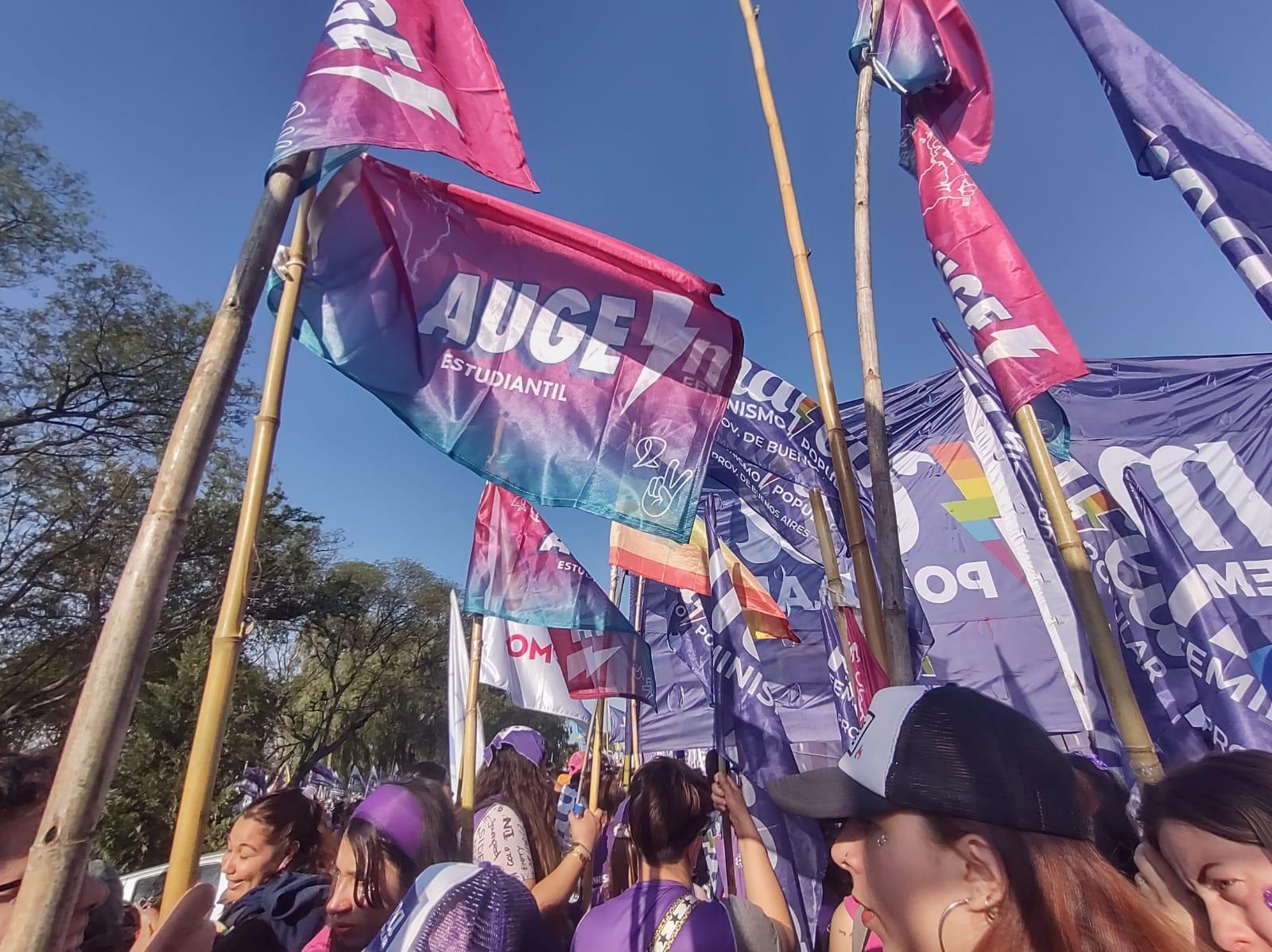 A row of people wearing mostly purple caps holds several bamboo sticks with AUGE’s flag in a pink, blue, and purple gradient, the LGBTQIA+ flag, and the Marea Popular purple banner.