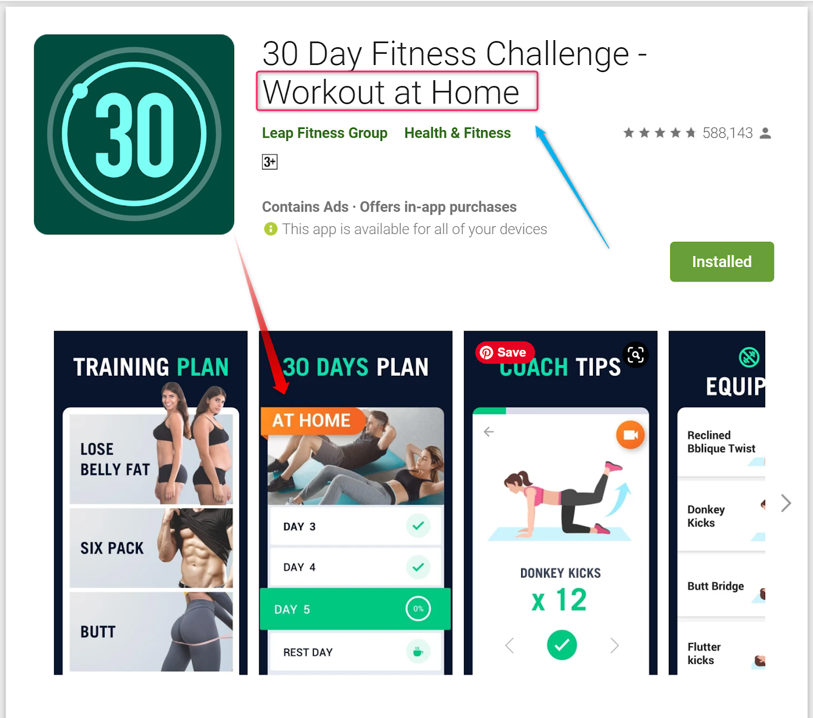 screenshot of 30 day fitness challenge app