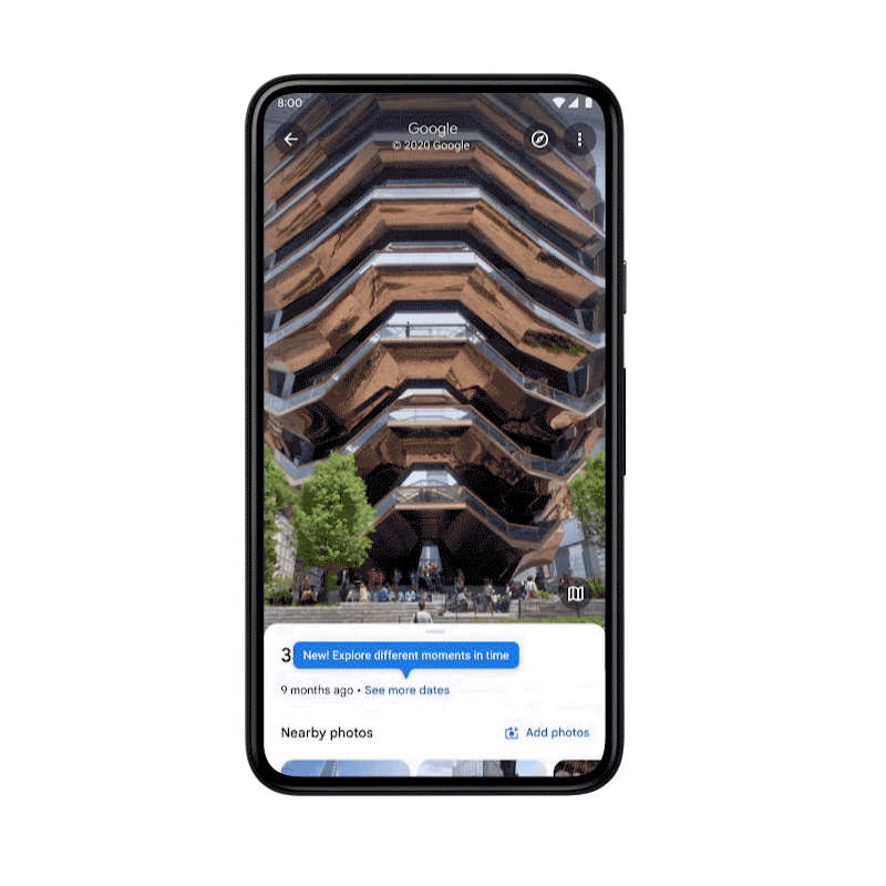 過去のストリートビュー画像を表示する画面の画像。