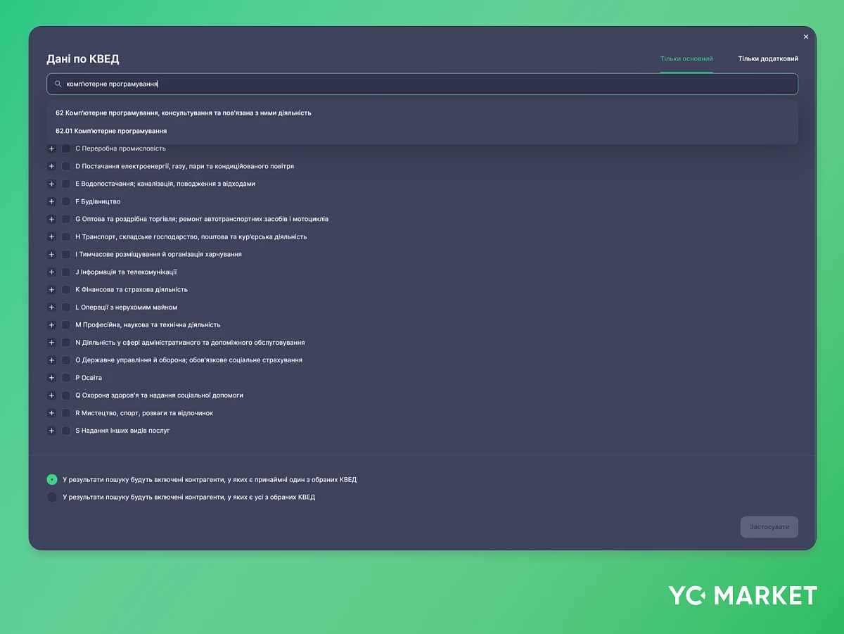 Приклад використання фільтрів YC.Market для IT-сектору