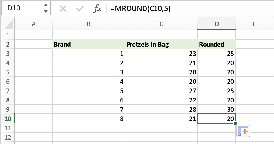 Excel table with Brand, Pretzels in Bag, and Rounded headings that shows how to round to the nearest 5 i Excel