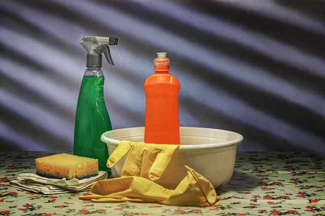 cleaning jobs, cleaning tools, spray, gloves, bowl, bottle, sponge, dim light, flower pattern