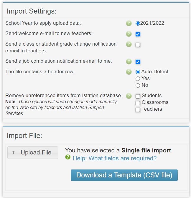 A list of selections that you can choose to customize your import. This image also shows where you can upload a file, or download a template.