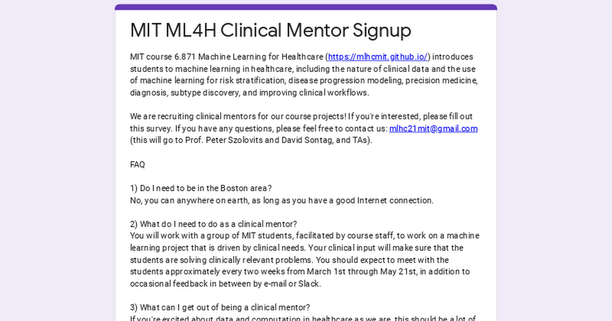 MIT ML4H Clinical Mentor Signup