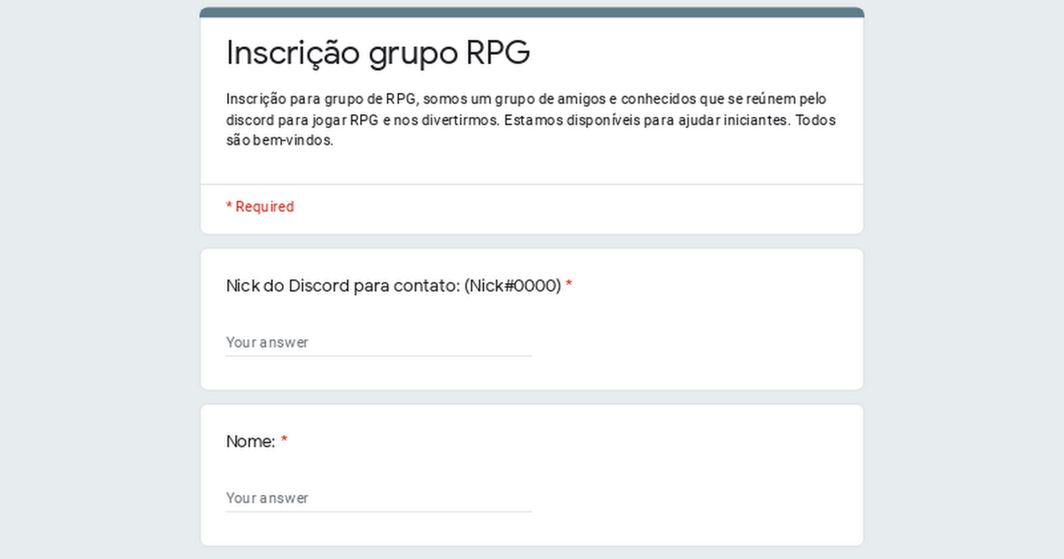 Inscrição grupo RPG