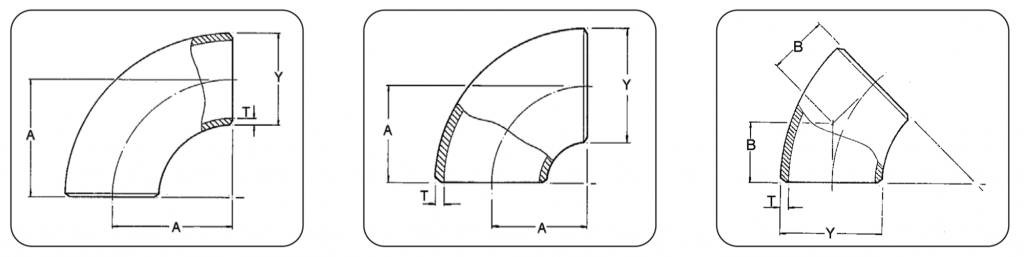 Buttweld fittings dimensions: pipe elbow 45 and 90 degrees LR and SR