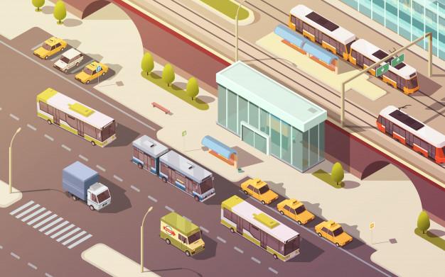 Transporte da cidade com ilustração em vetor isométrica de símbolos de ônibus e bonde de carro de bicicleta Vetor grátis