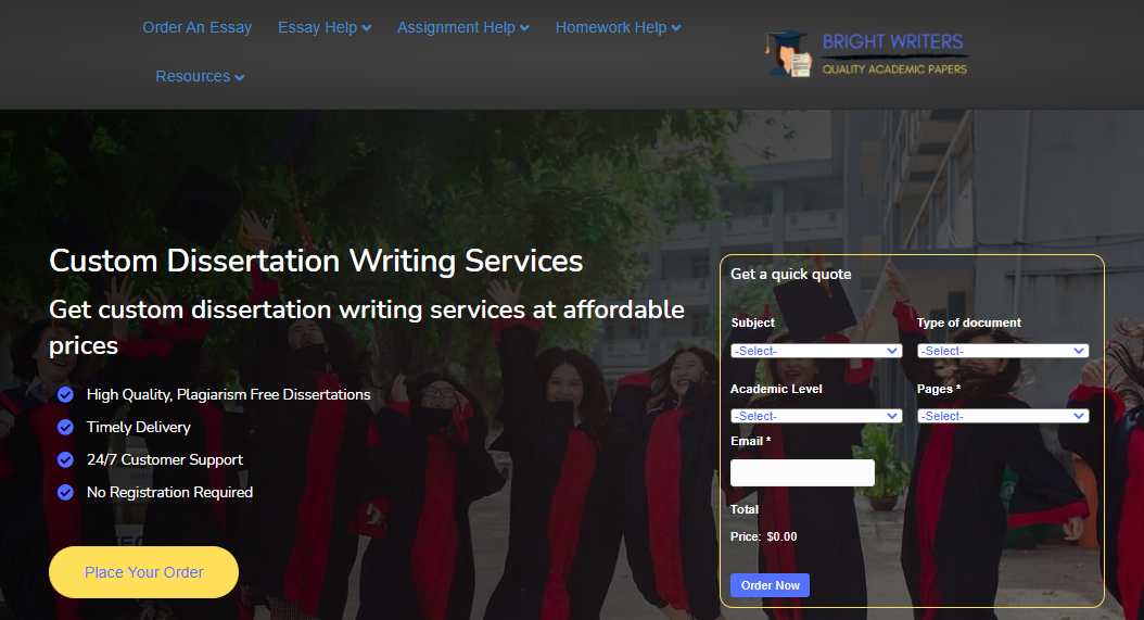 A picture showing the Bright Writers homepage: Paper writing websites